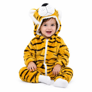 Tiger character hooded winter fleece romper jumpsuit yellow and black striped seated front view