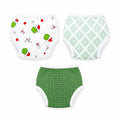 Pack of 3 baby training pants in green and printed designs on a white background