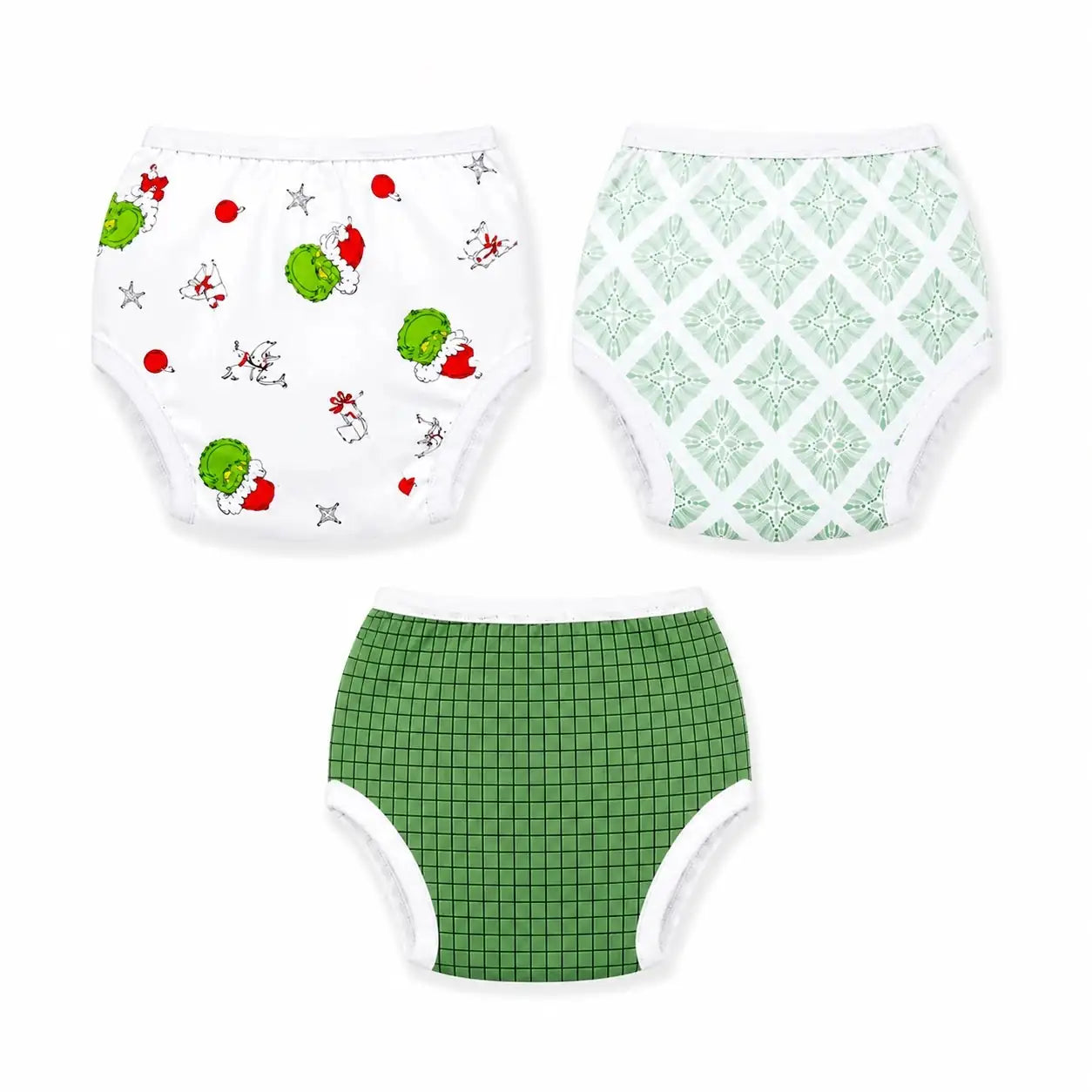 Pack of 3 baby training pants in green and printed designs on a white background