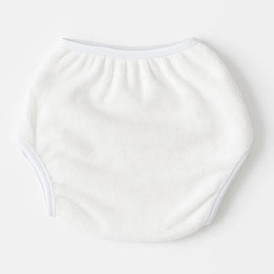 White absorbent baby training pants with soft elastic waistband and leg openings