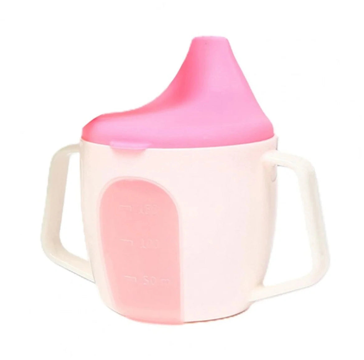 Baby training sippy cup with dual handles and pink soft spout