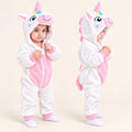 Unicorn Soft Fleece Costume Jumpsuit in white and pink with 3D unicorn hood, spiral horn, front zipper and plush back details – front and side views