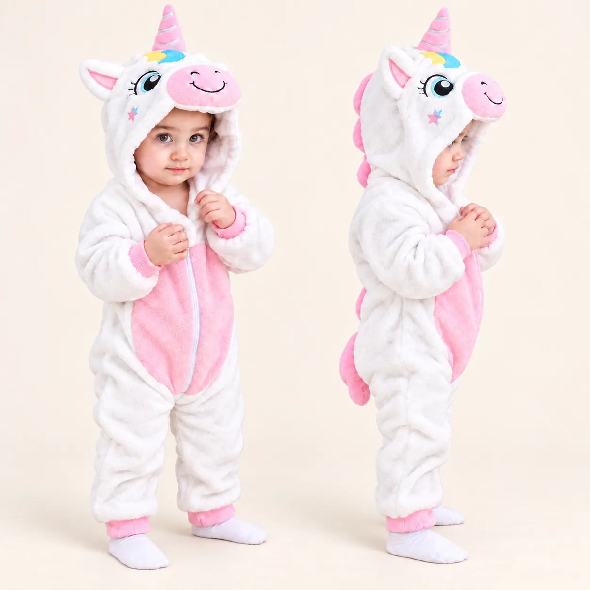 Unicorn Soft Fleece Costume Jumpsuit in white and pink with 3D unicorn hood, spiral horn, front zipper and plush back details – front and side views
