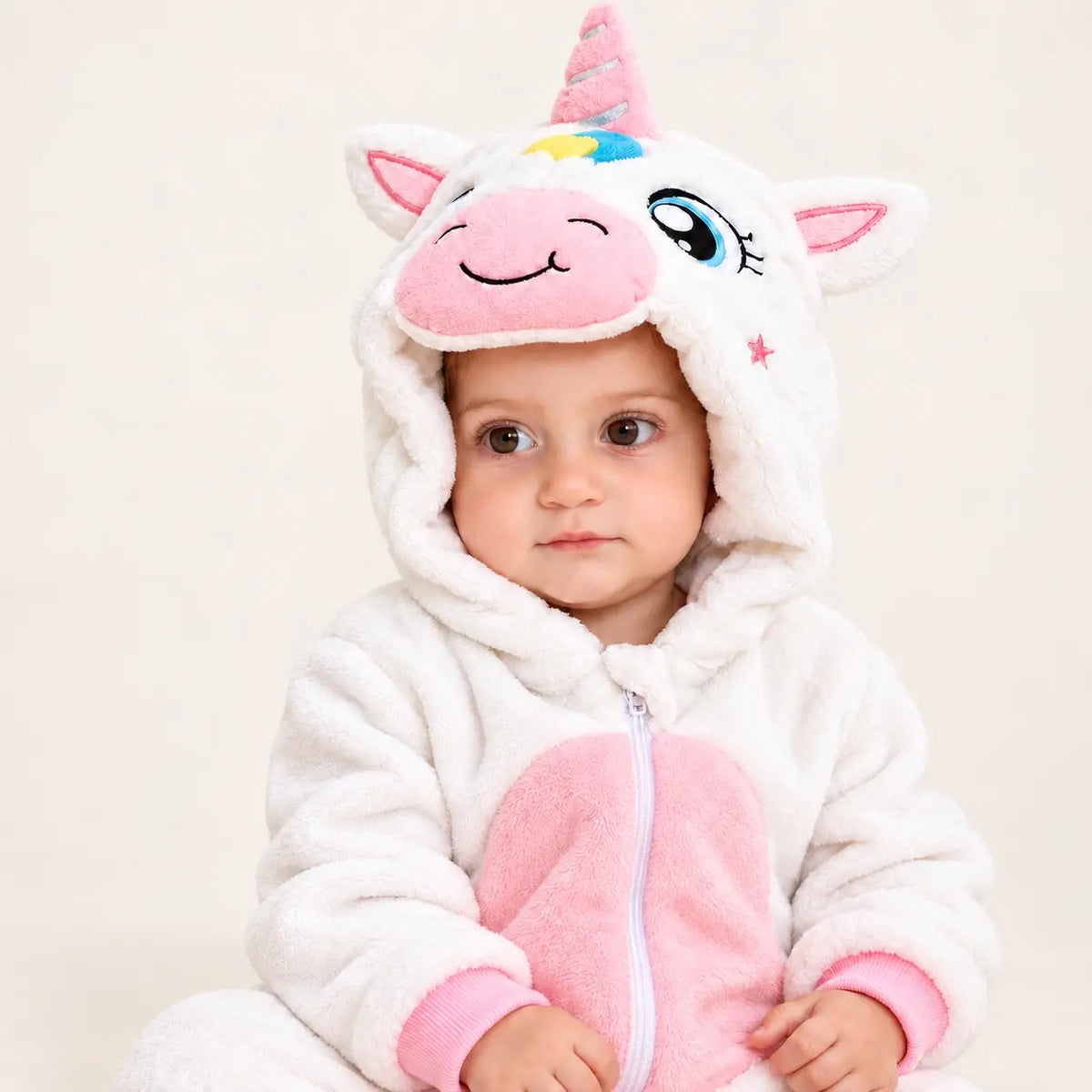 Close-up of Unicorn Fleece Costume Jumpsuit showing pink spiral horn, plush ears, embroidered eyes, smiling muzzle and soft fleece fabric