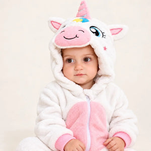 Close-up of Unicorn Fleece Costume Jumpsuit showing pink spiral horn, plush ears, embroidered eyes, smiling muzzle and soft fleece fabric