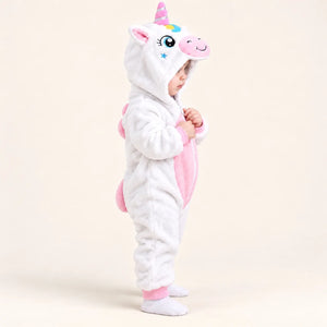Side view of white and pink Unicorn Hooded Winter Romper featuring 3D unicorn face, pink belly panel and decorative plush back mane