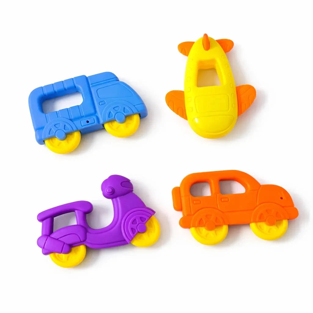 Pack of 4 Baby Silicone Vehicle Teethers with Car Scooter Rocket and Van Shapes for Teething Babies