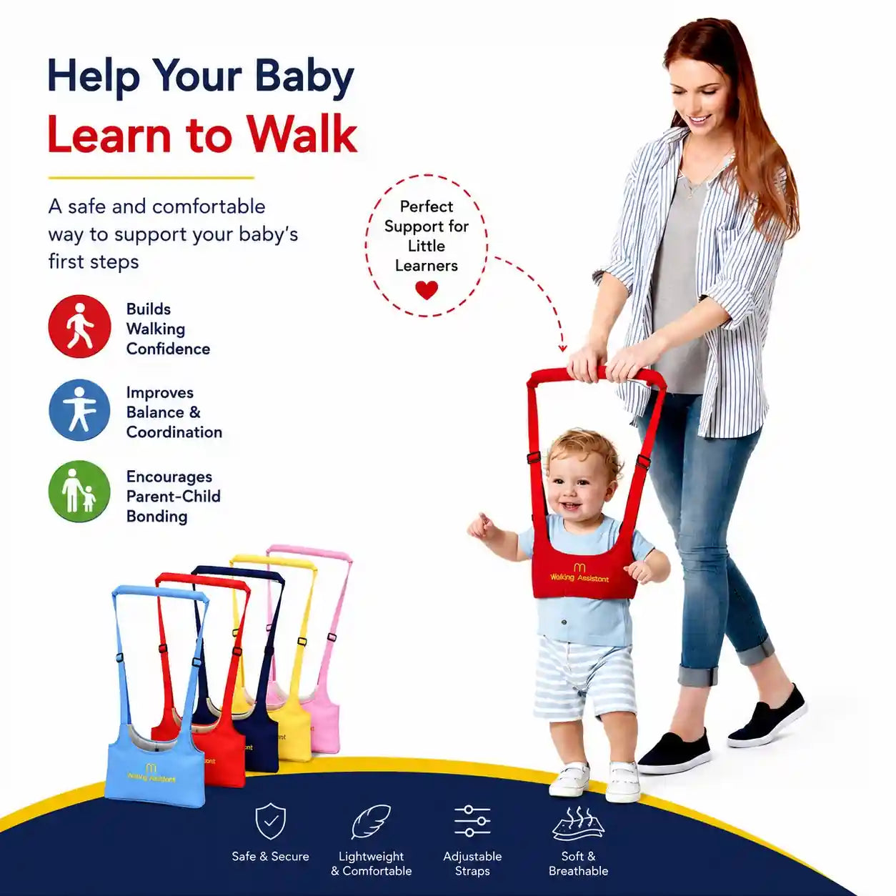 Baby walking assistant harness showing safe adjustable support features