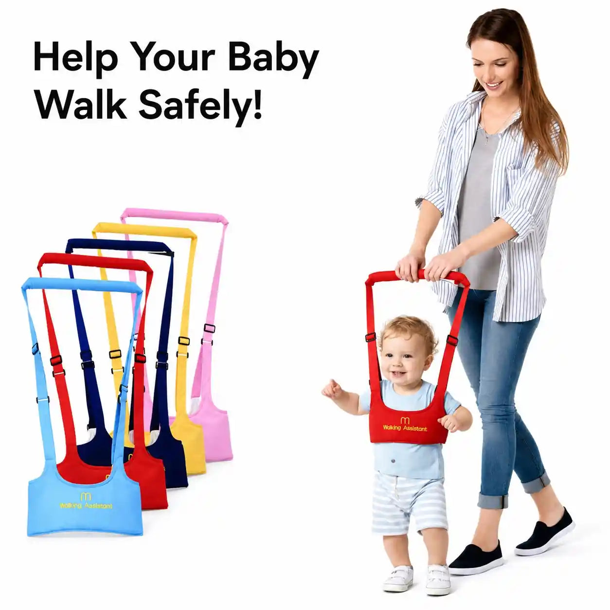 Baby walking assistant harness in multiple colors with parent support