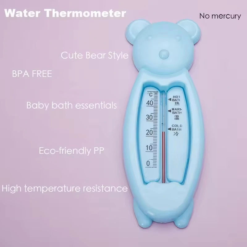 Blue bear-shaped baby bath water thermometer with temperature scale