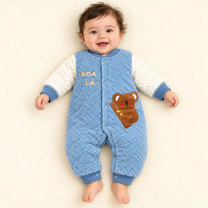 Baby Wearing Blue Quilted Winter Romper with Koala Design