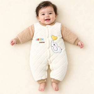 1. Baby Wearing Beige and White Quilted Winter Romper with Elephant Design