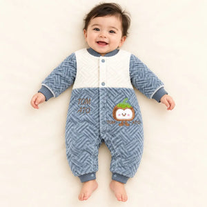 1. Baby Wearing Grey and White Quilted Winter Romper with Character Design