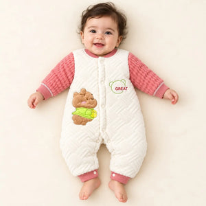 Baby Wearing Pink and White Quilted Winter Romper with Bear Design