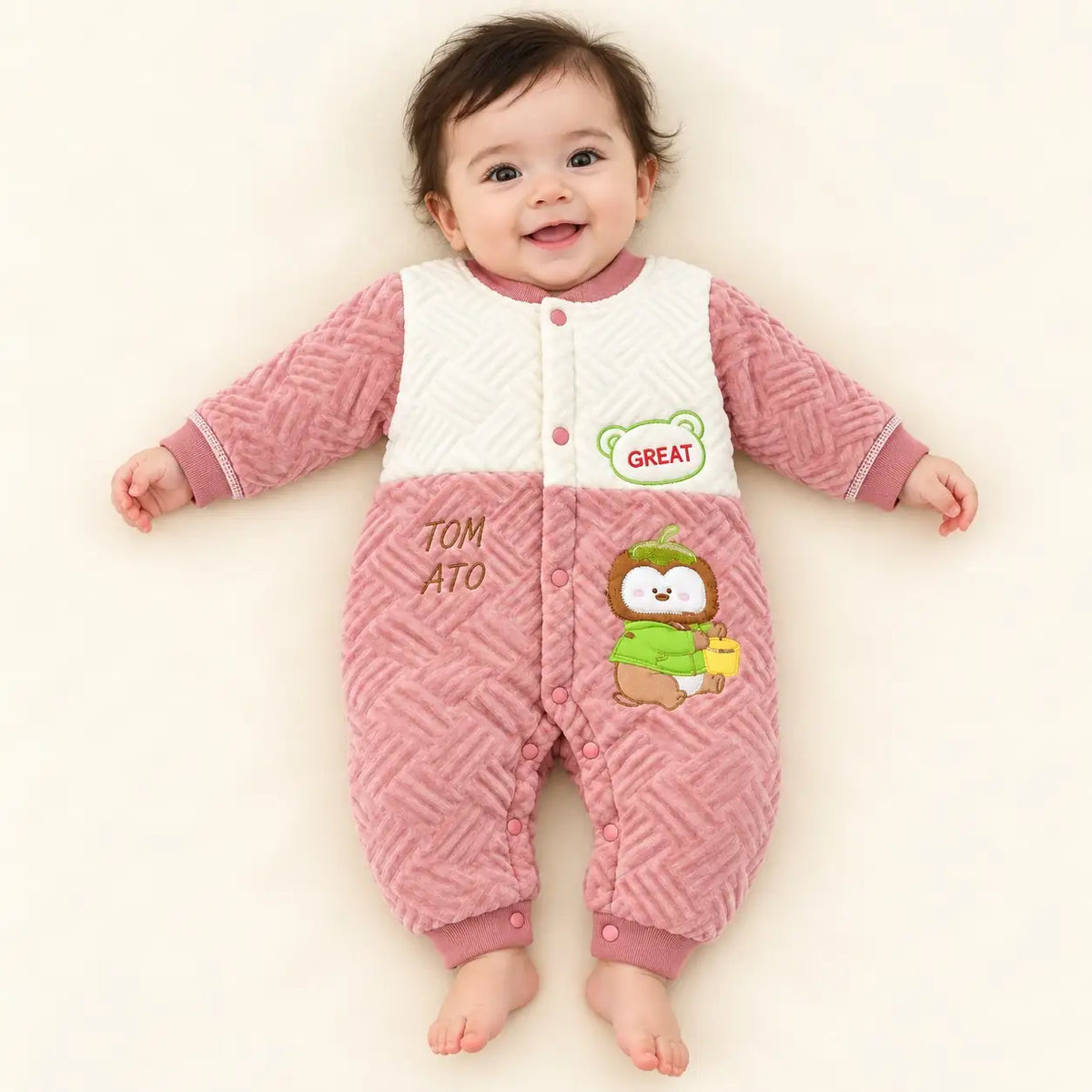Baby Wearing Pink and White Quilted Winter Romper with Character Design