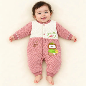 Baby Wearing Pink and White Quilted Winter Romper with Character Design