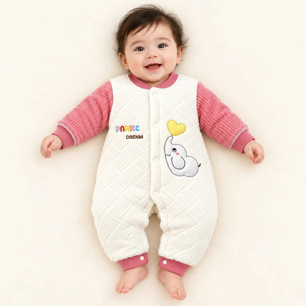 Baby Wearing Pink and White Quilted Winter Romper with Elephant Design