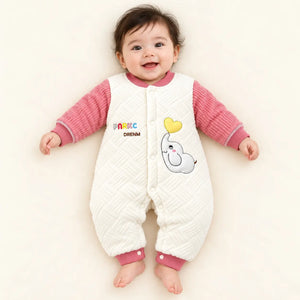 Baby Wearing Pink and White Quilted Winter Romper with Elephant Design