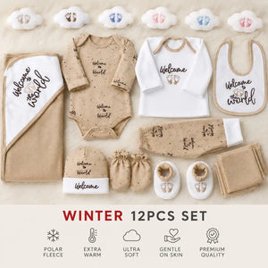 Beige and White 12 PCS Polar Fleece Winter Baby Starter Set with clothing blanket bib hat mittens and booties