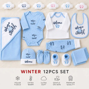 Sky Blue and White 12 PCS Polar Fleece Winter Baby Starter Set with clothing blanket bib pants hat mittens and booties