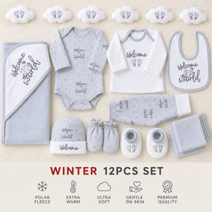 Grey and White 12 PCS Polar Fleece Winter Baby Starter Set with blanket bodysuit shirt pants bib hat mittens and booties