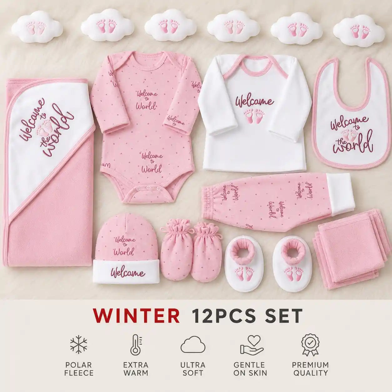 Baby Pink and White 12 PCS Polar Fleece Winter Baby Starter Set with blanket bodysuit shirt pants bib hat mittens and booties