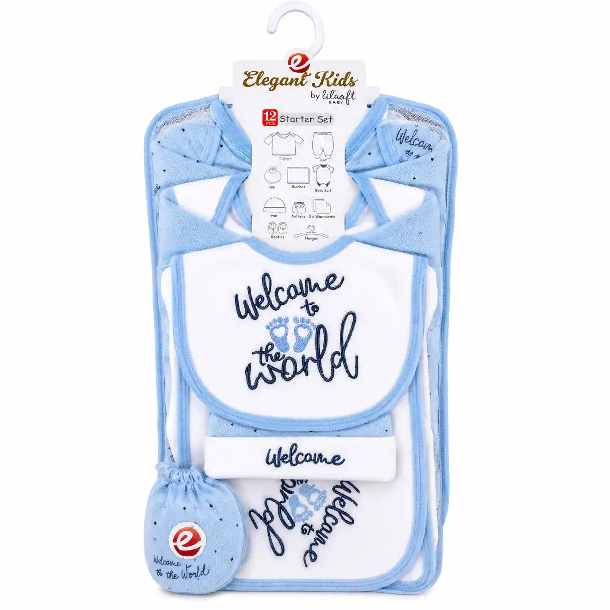 12 PCS Winter Baby Starter Set Sky Blue and White Welcome to the World design