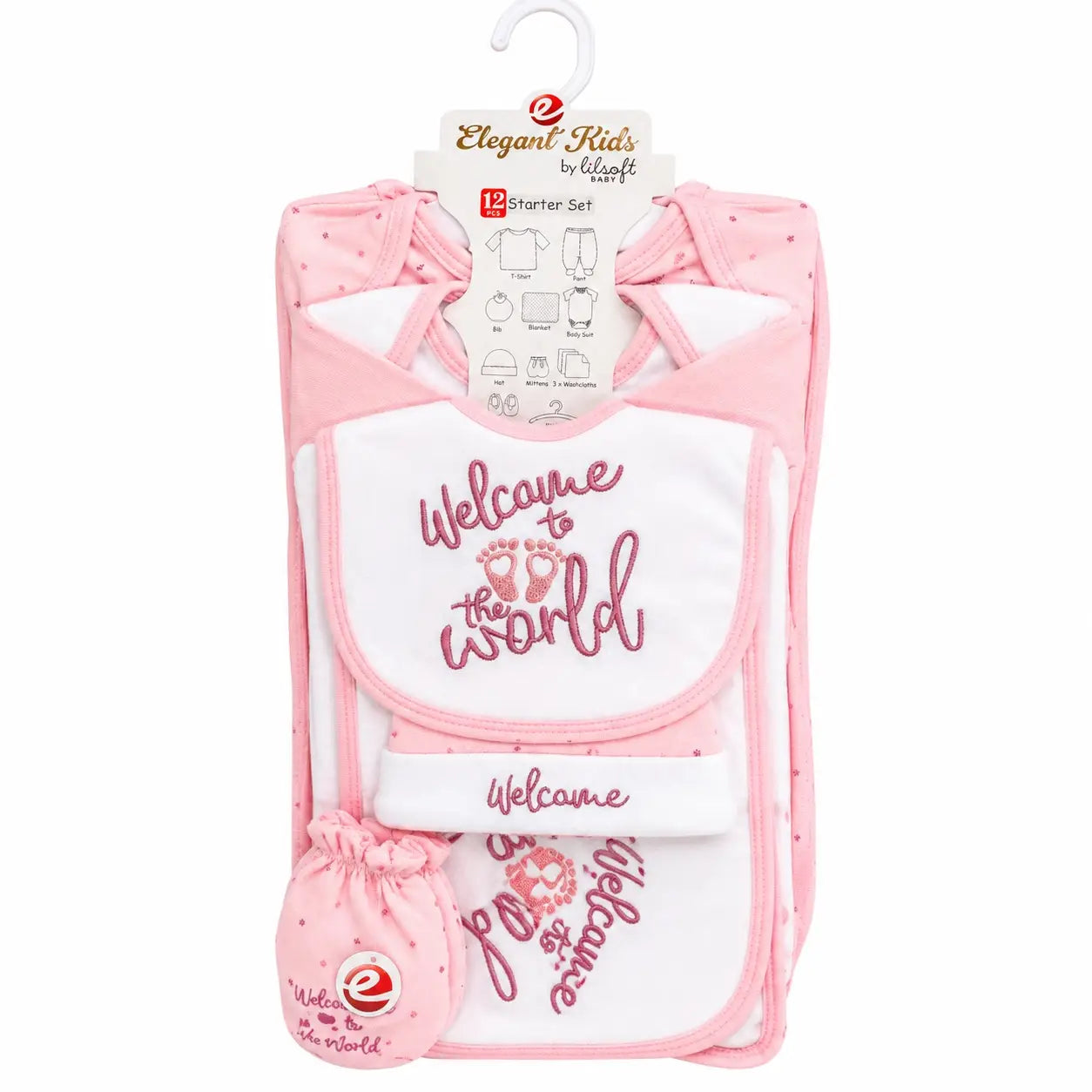 12 PCS Winter Baby Starter Set Baby Pink and White Welcome to the World design