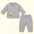 Light grey textured jacquard knit baby winter shirt and pajama set with Sunny Car Adventure embroidery