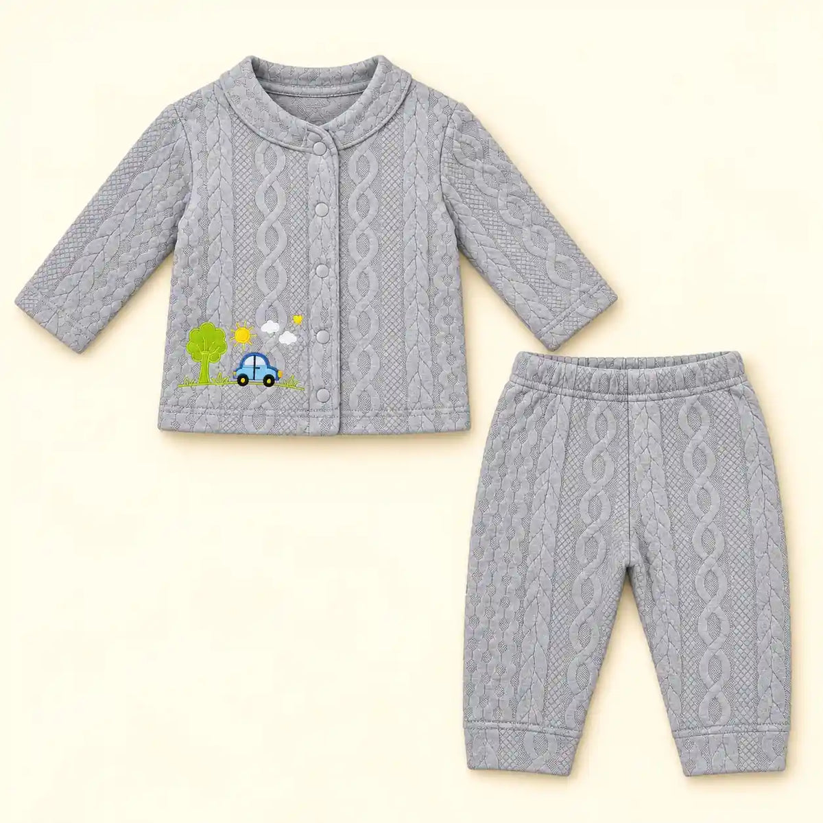 Light grey textured jacquard knit baby winter shirt and pajama set with Sunny Car Adventure embroidery
