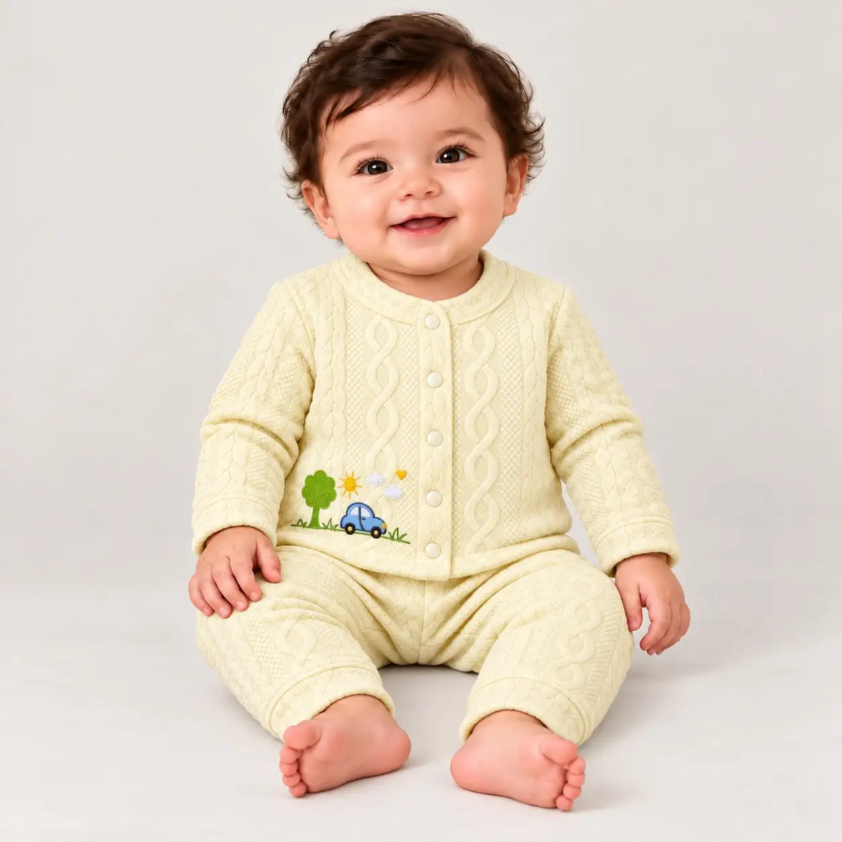 Baby wearing cream winter shirt and pajama set with blue car, green tree and sunshine embroidery