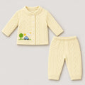 Cream textured jacquard knit baby winter shirt and pajama set with Sunny Car Adventure embroidery