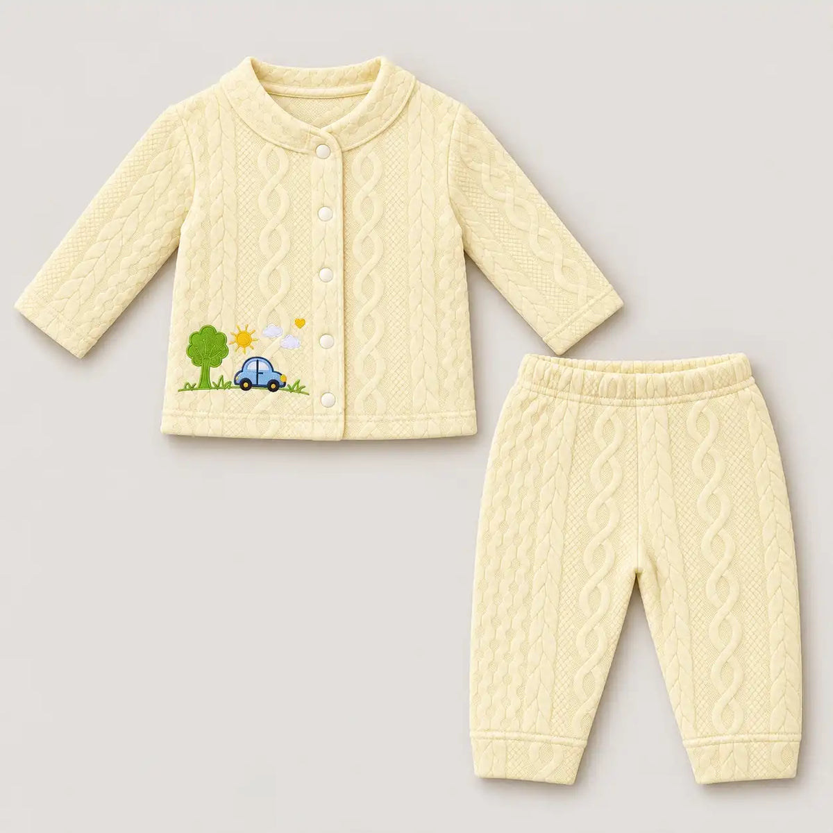 Cream textured jacquard knit baby winter shirt and pajama set with Sunny Car Adventure embroidery