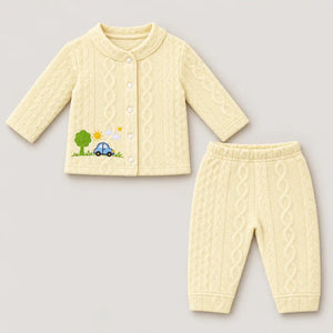 Cream textured jacquard knit baby winter shirt and pajama set with Sunny Car Adventure embroidery