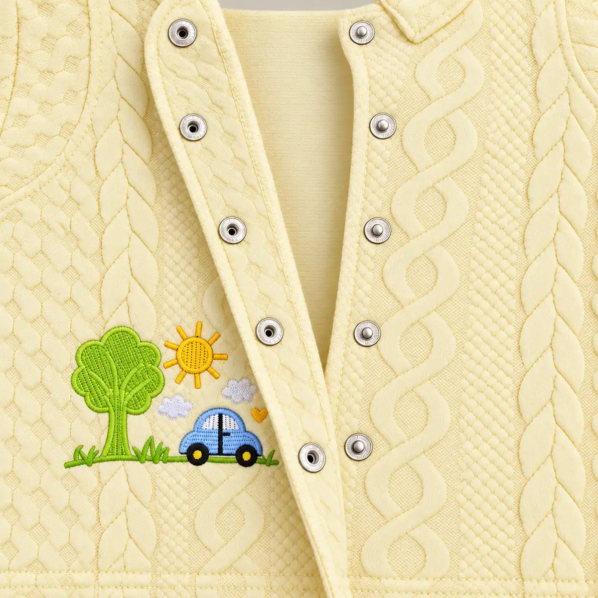 Close-up of open metal snap buttons, raised cable-style texture and car embroidery on cream baby shirt