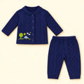 Navy blue baby winter shirt and pajama set with Sunny Car Adventure embroidery and raised cable-style texture