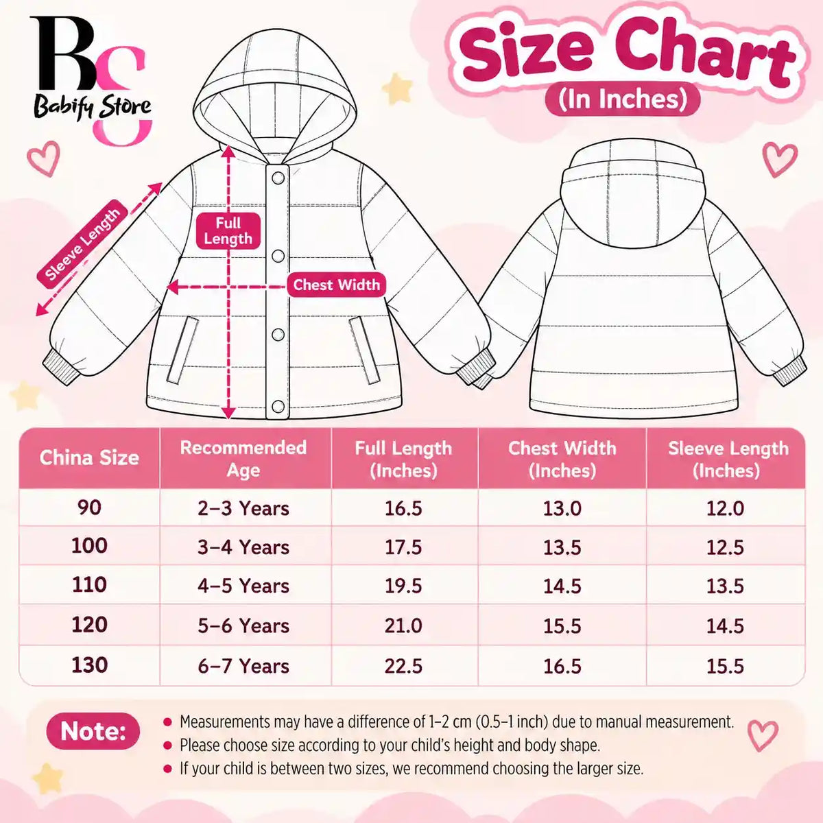 Girls Hooded Puffer Winter Jacket Size Chart in Inches