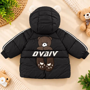 Black Hooded Puffer Winter Jacket with Large Bear Design Back View