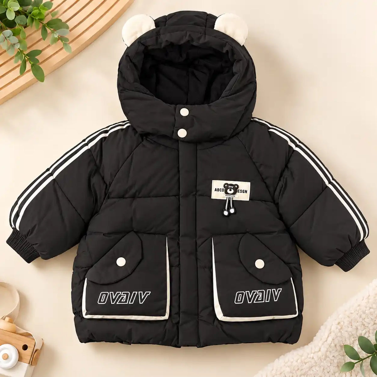 Black Hooded Parachute Puffer Winter Jacket with Bear Ear Hood Front View