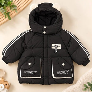 Black Hooded Parachute Puffer Winter Jacket with Bear Ear Hood Front View