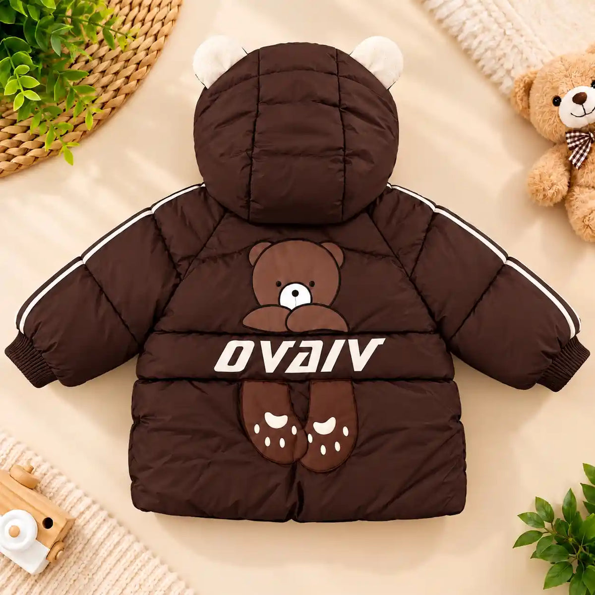 1. Coffee Brown Hooded Puffer Winter Jacket with Large Bear Design Back View