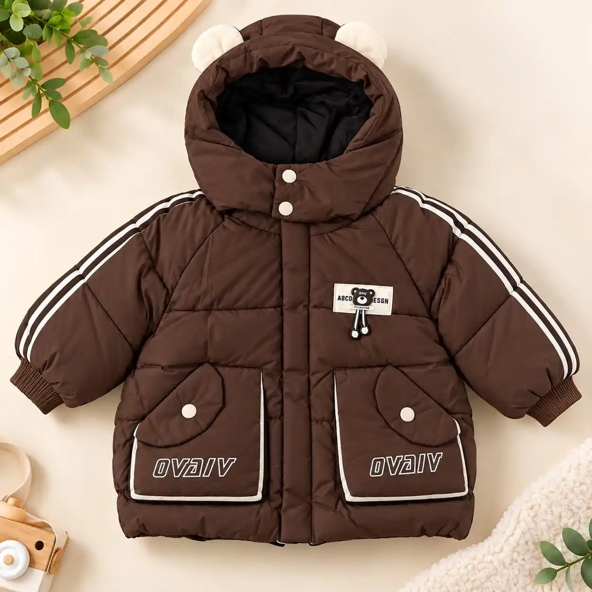 Coffee Brown Hooded Parachute Puffer Winter Jacket with Bear Ear Hood Front View