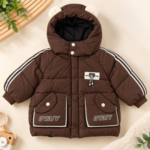 Coffee Brown Hooded Parachute Puffer Winter Jacket with Bear Ear Hood Front View