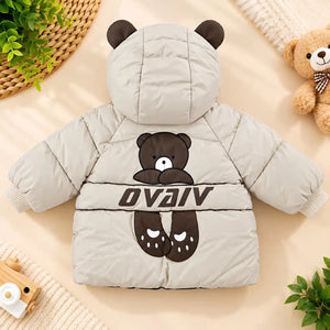 Off White Hooded Puffer Winter Jacket with Bear Design Back View