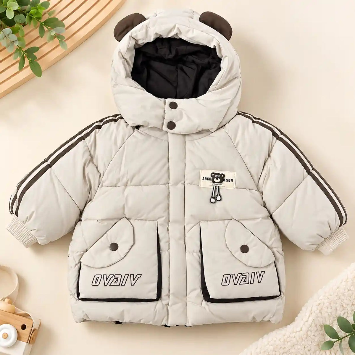Off White Hooded Parachute Puffer Winter Jacket Front View