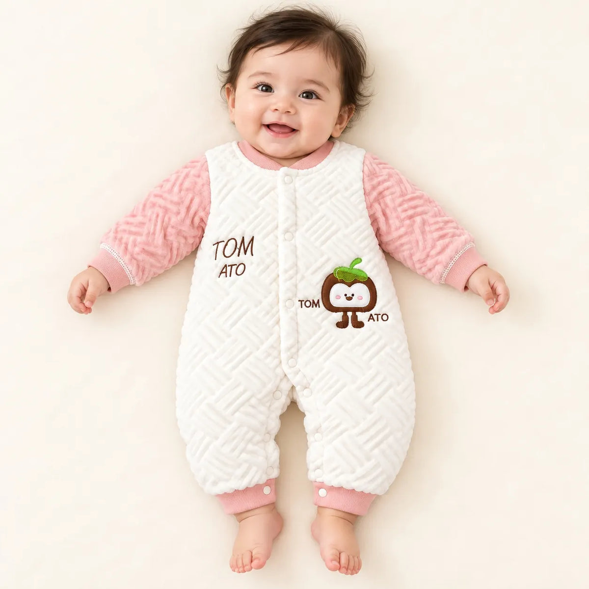 Baby Wearing Pink and White Quilted Winter Romper with Character Design