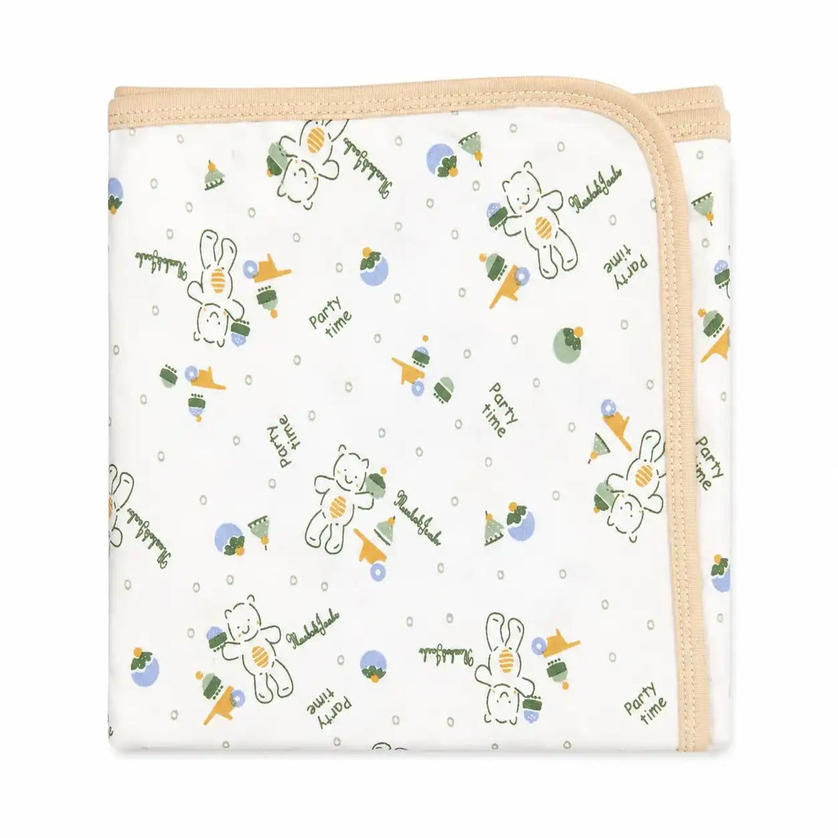 Baby wrapping sheet with Teddy Party print and beige border, soft interlock fabric, 30×30 inches
