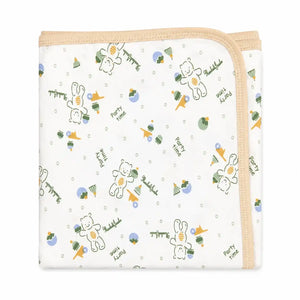Baby wrapping sheet with Teddy Party print and beige border, soft interlock fabric, 30×30 inches