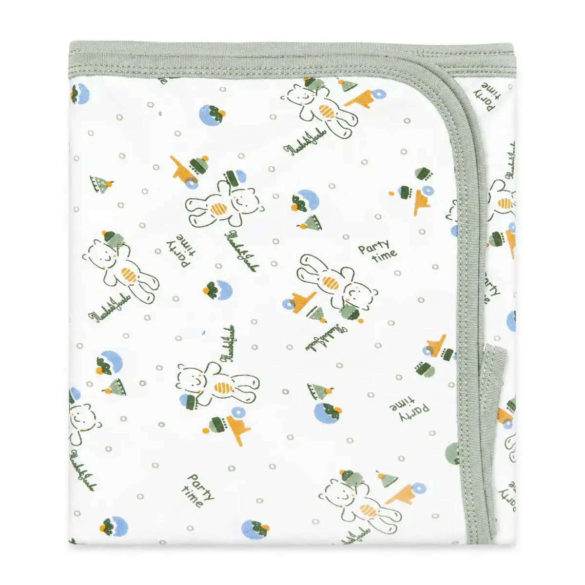 Baby wrapping sheet with Teddy Party print and sage green border, soft interlock fabric, 30×30 inches