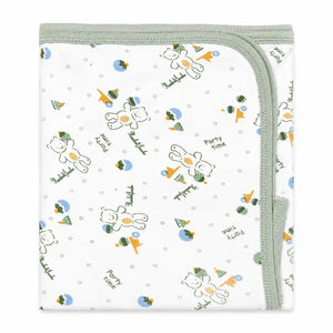 Baby wrapping sheet with Teddy Party print and sage green border, soft interlock fabric, 30×30 inches
